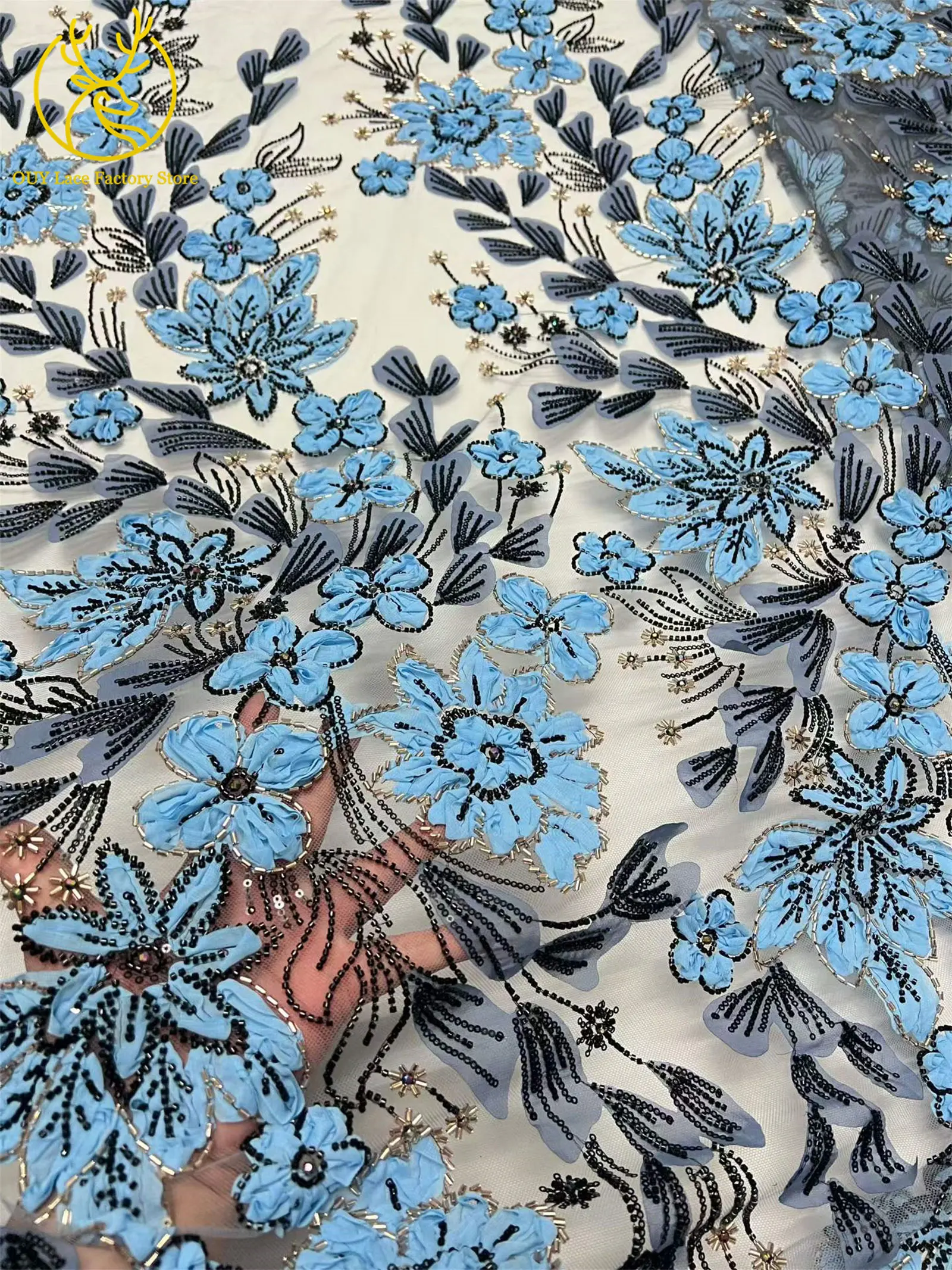 Exquisiter französischer Spitzenstoff mit Blumenstickerei und Pailletten, afrikanischer Perlen-Spitzenstoff für nigerianische Party- und Hochzeitskleider zum Nähen. – Detail 15