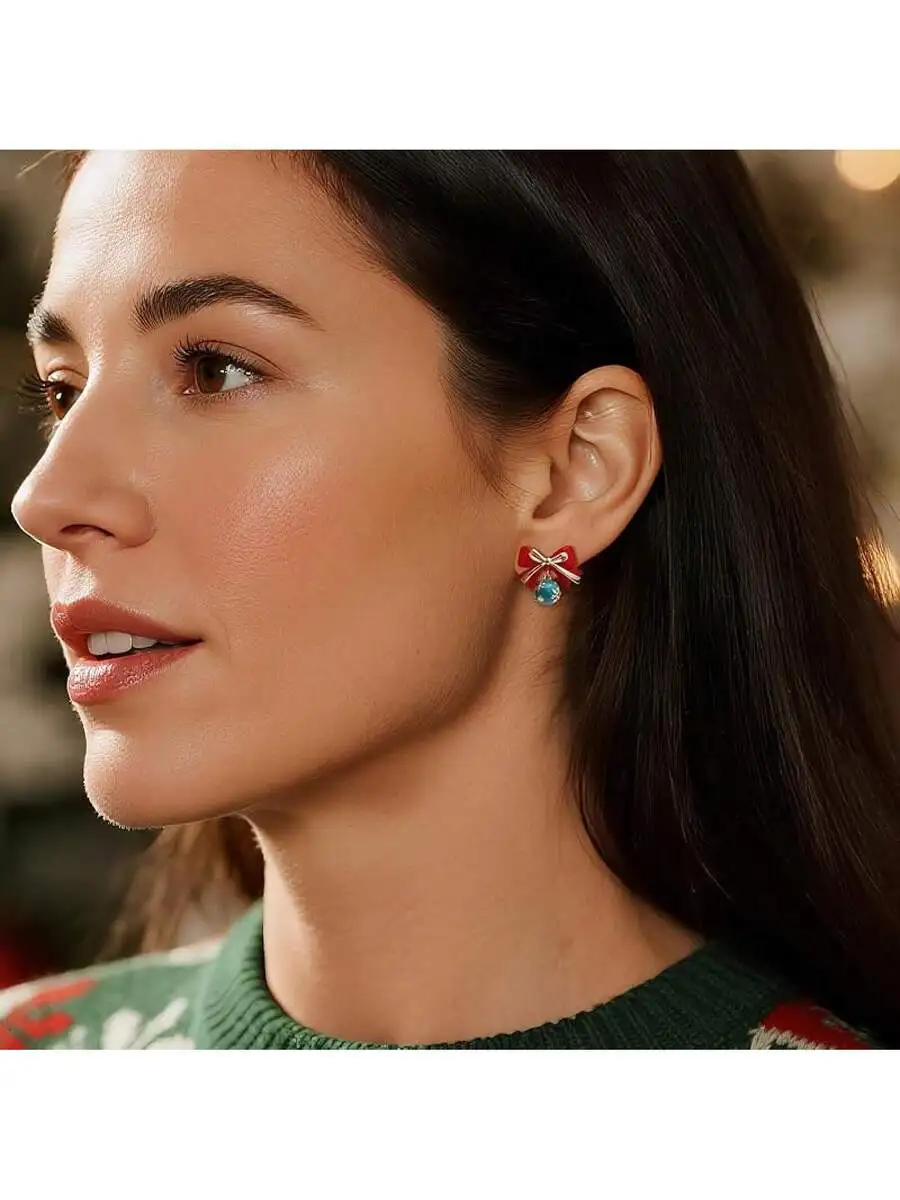

Red Green Bow Knot Enamel Stud Earrings Women Holiday Christmas Fashion Jewelry