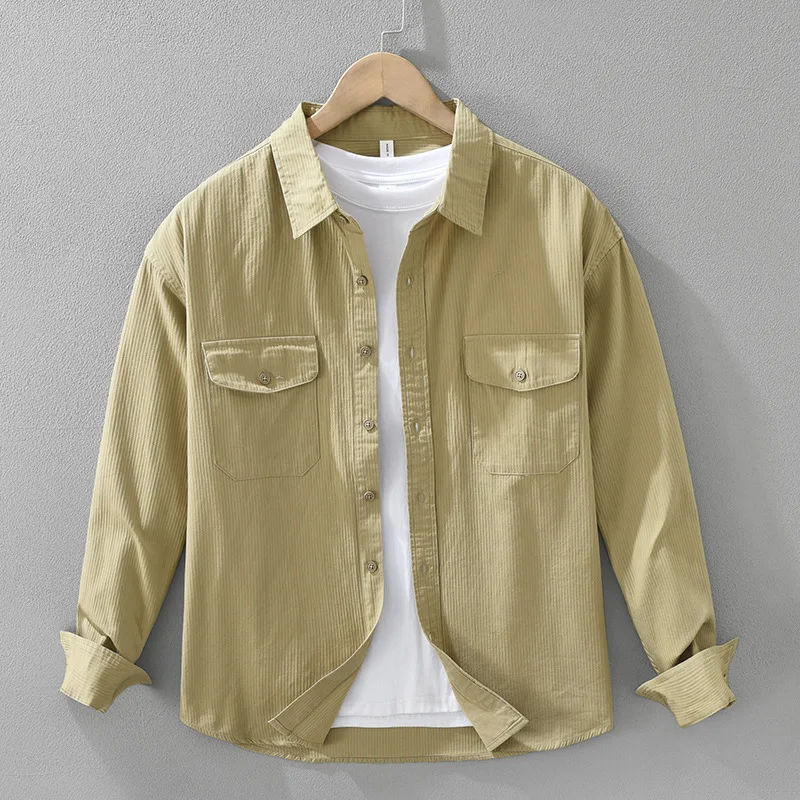 

Новая мужская рубашка с длинным рукавом цвета хаки в японском стиле, рубашка-карго с двойными карманами, топ из чистого хлопка, повседневная свободная рубашка-куртка