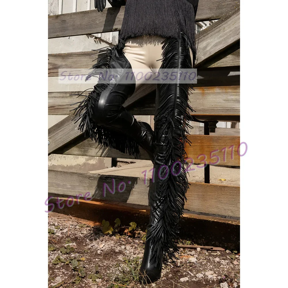 Belted Stiletto Fringe Stretch Crotch Boots Women Pointy Toe High Heels Sexy Shoes Ladies Western Style Party Thigh High Boots