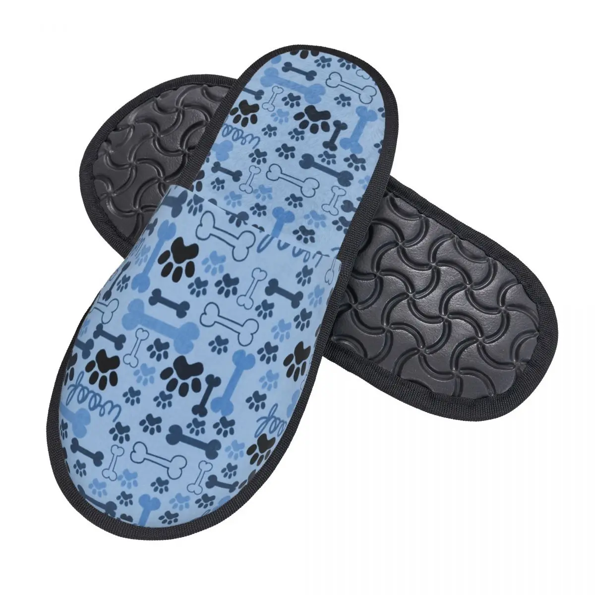 Custom Print Blue Dog Bones And Paw Prints Pattern House Slippers Soft Warm Memory Foam Fluffy Slipper Indoor Outdoor Shoes