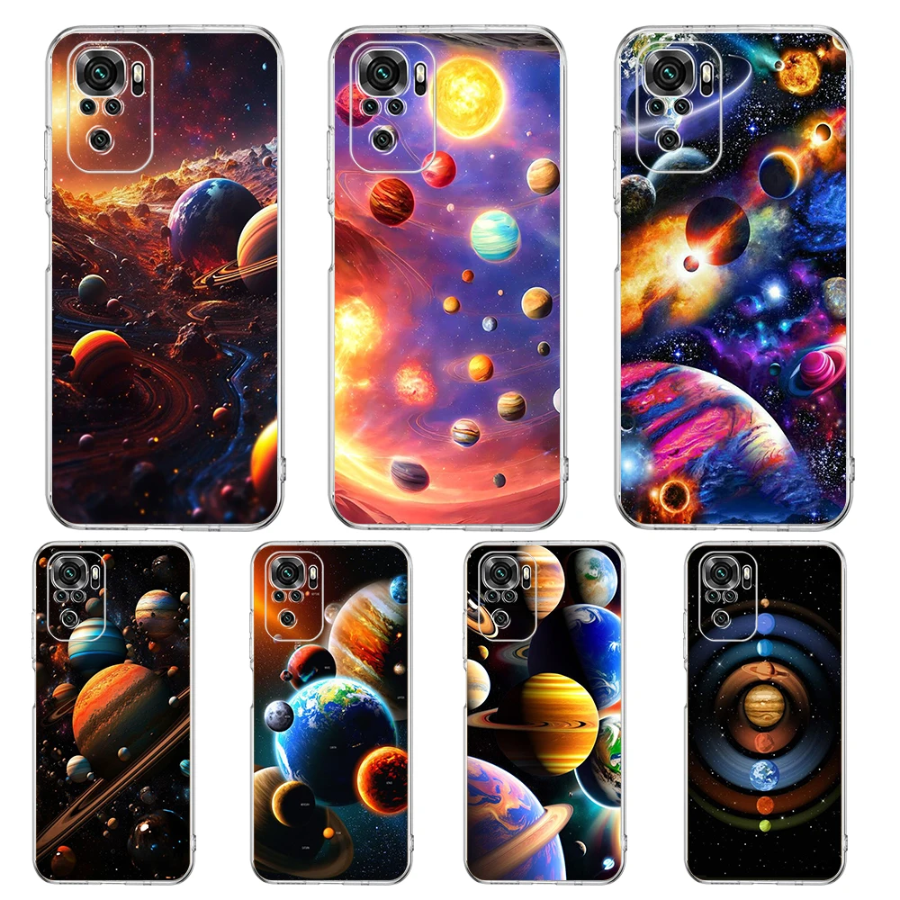 Space Planet Stars Moon Phone Case Cover for Redmi Note 10 11 11T 7 8 8T 9 K40 Gaming 9A 9C Pro Plus Transparent Shell Capas Bag