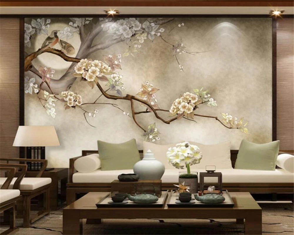 

Customized wallpaper Modern home mural hand painted Flowers birds trees Living room sofa TV background wall bedroom restaurant
