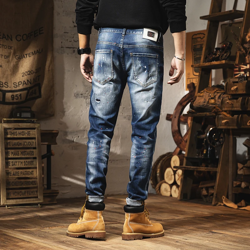 2024 new men's distressed men's spring/summer men's pants slim fit splashed ink scraped small feet casual jeans streetwear