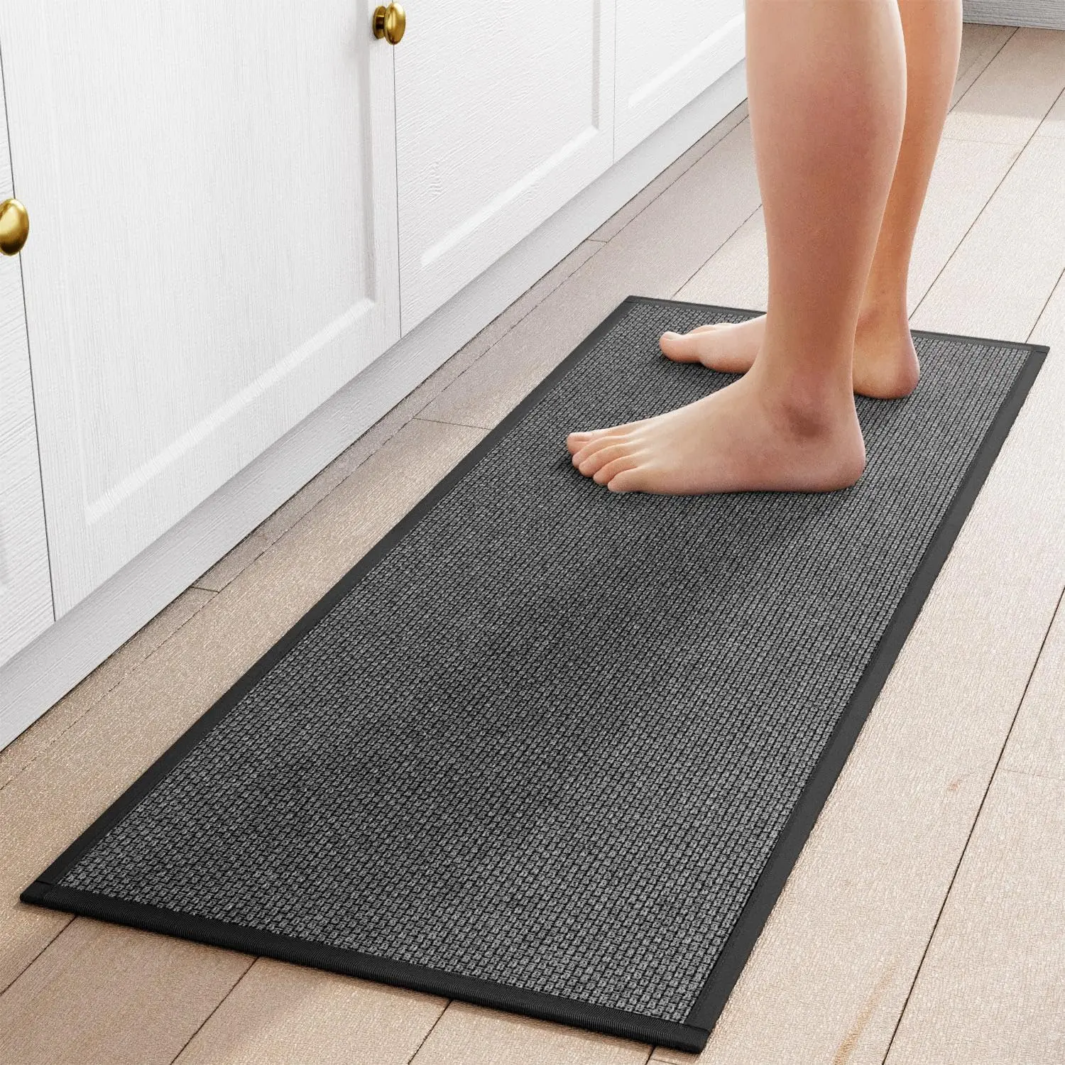 NIM Black Gray Interwoven Long Kitchen Floor Mat Anti-Slip Kitchen Carpet Can Be Placed Anywhere