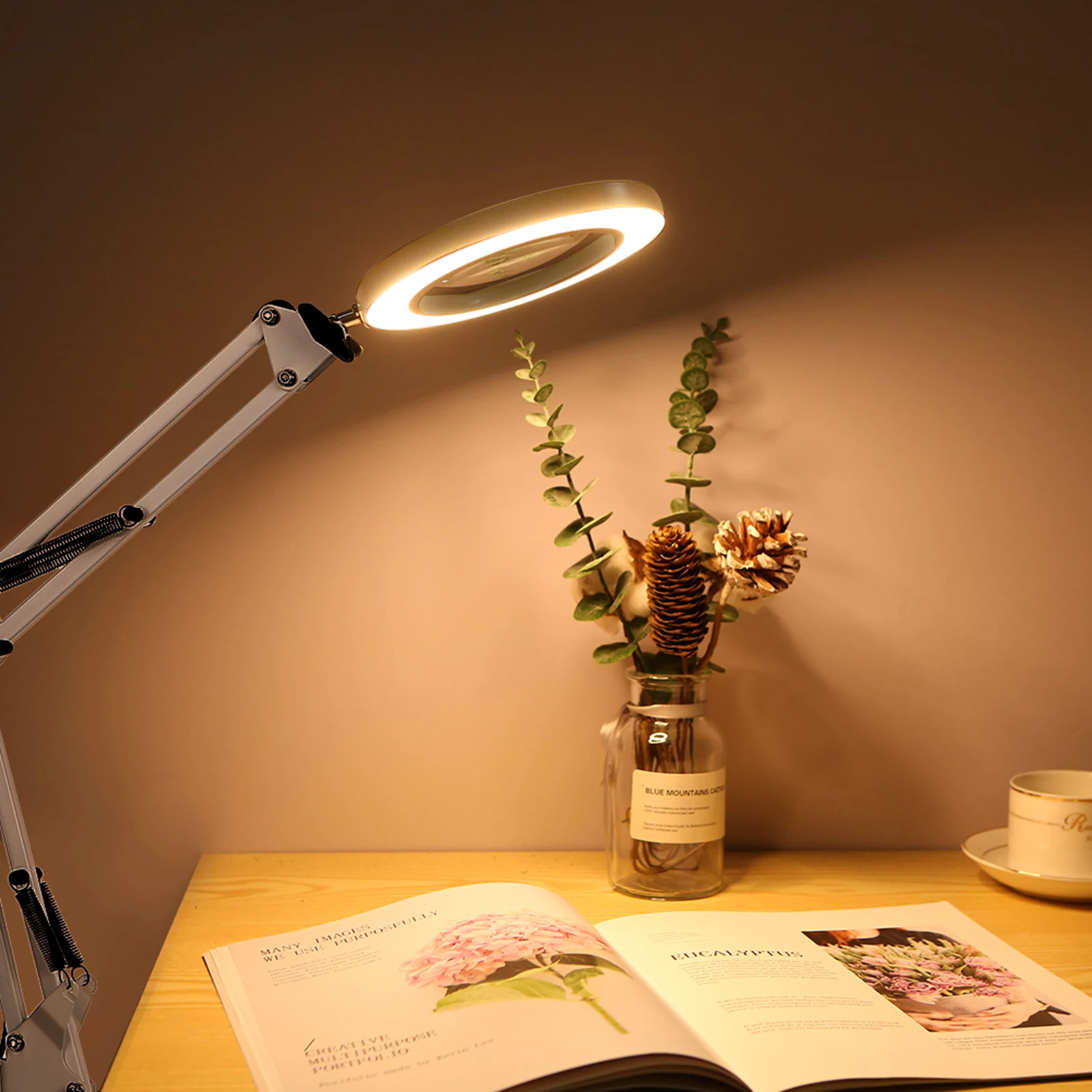 Flexible Clamp-on Table Lamp with 8x Magnifier Swing Arm Dimmable LEDs Desk Light 3 Color Modes for Reading Working Studying