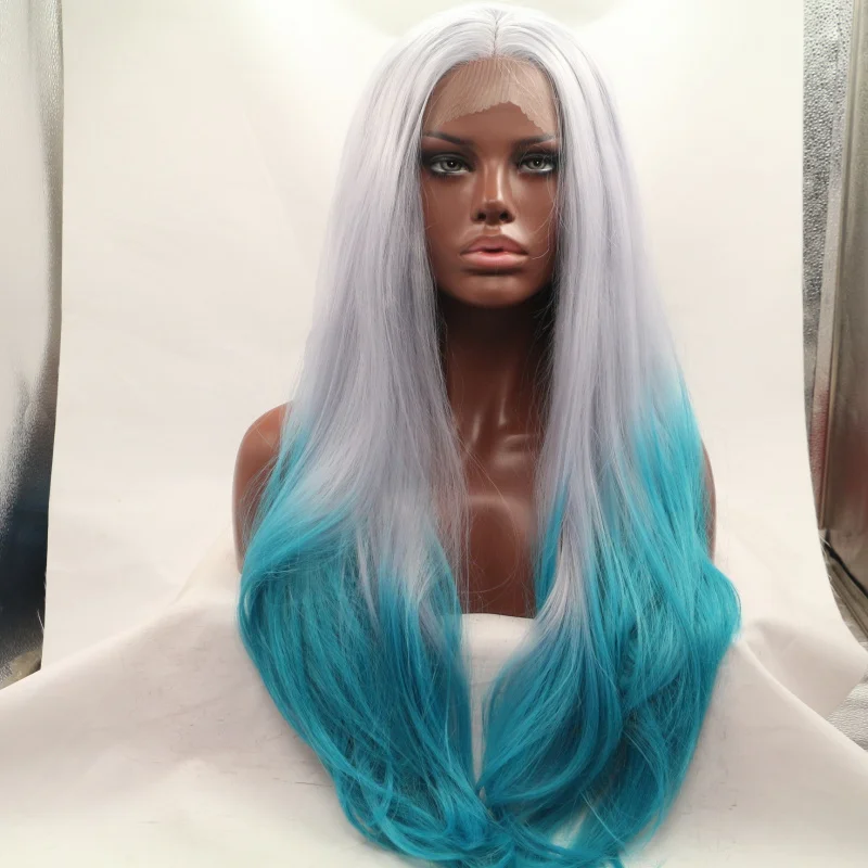 

Front lace wig for women, middle parting, high-temperature synthetic fiber, gradient color, long curly hair