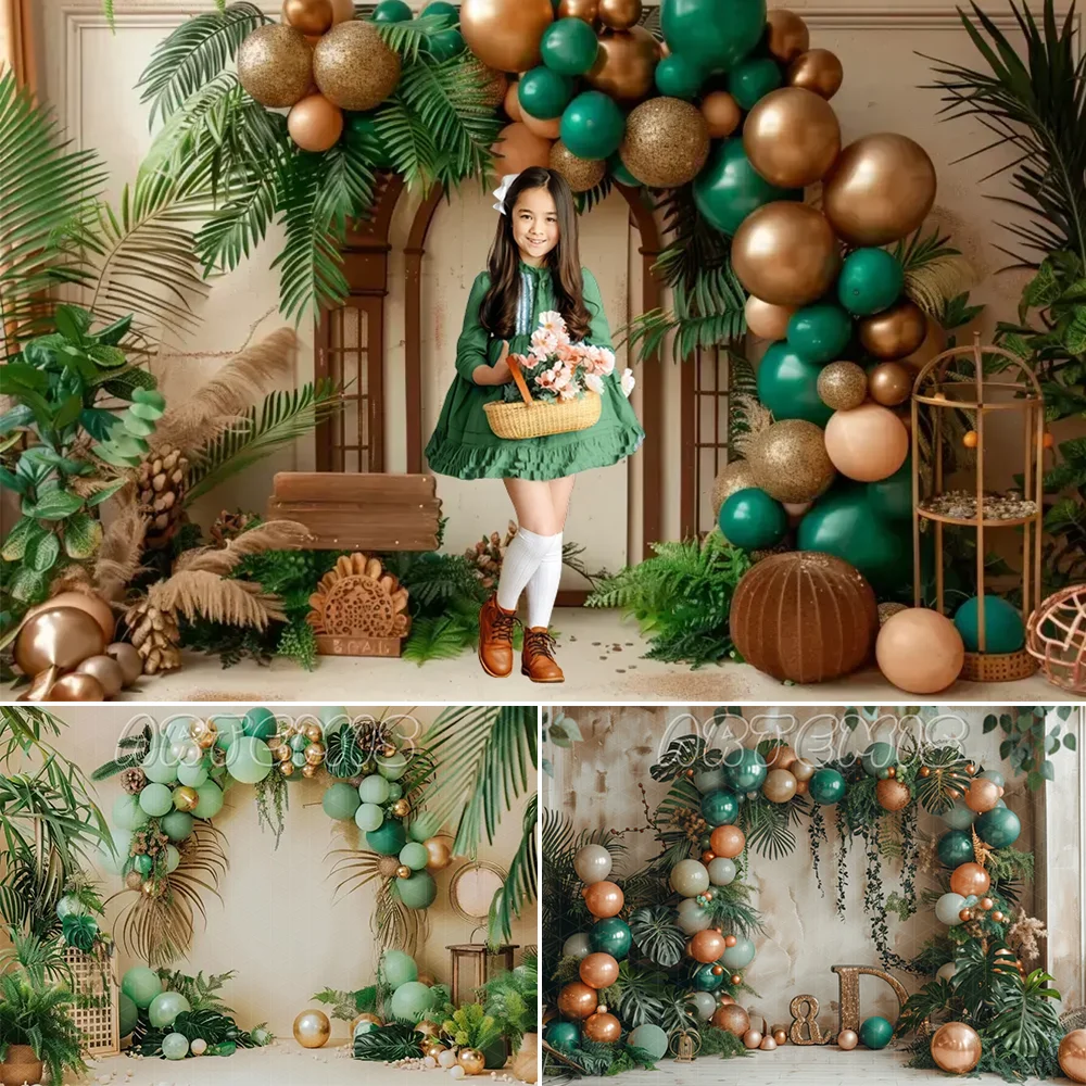 Jungle Theme Party Photography Backdrop Rainforest Arch Green Balloons Boho Ferns Palm Leaves Plants Photo Studio Photo-call