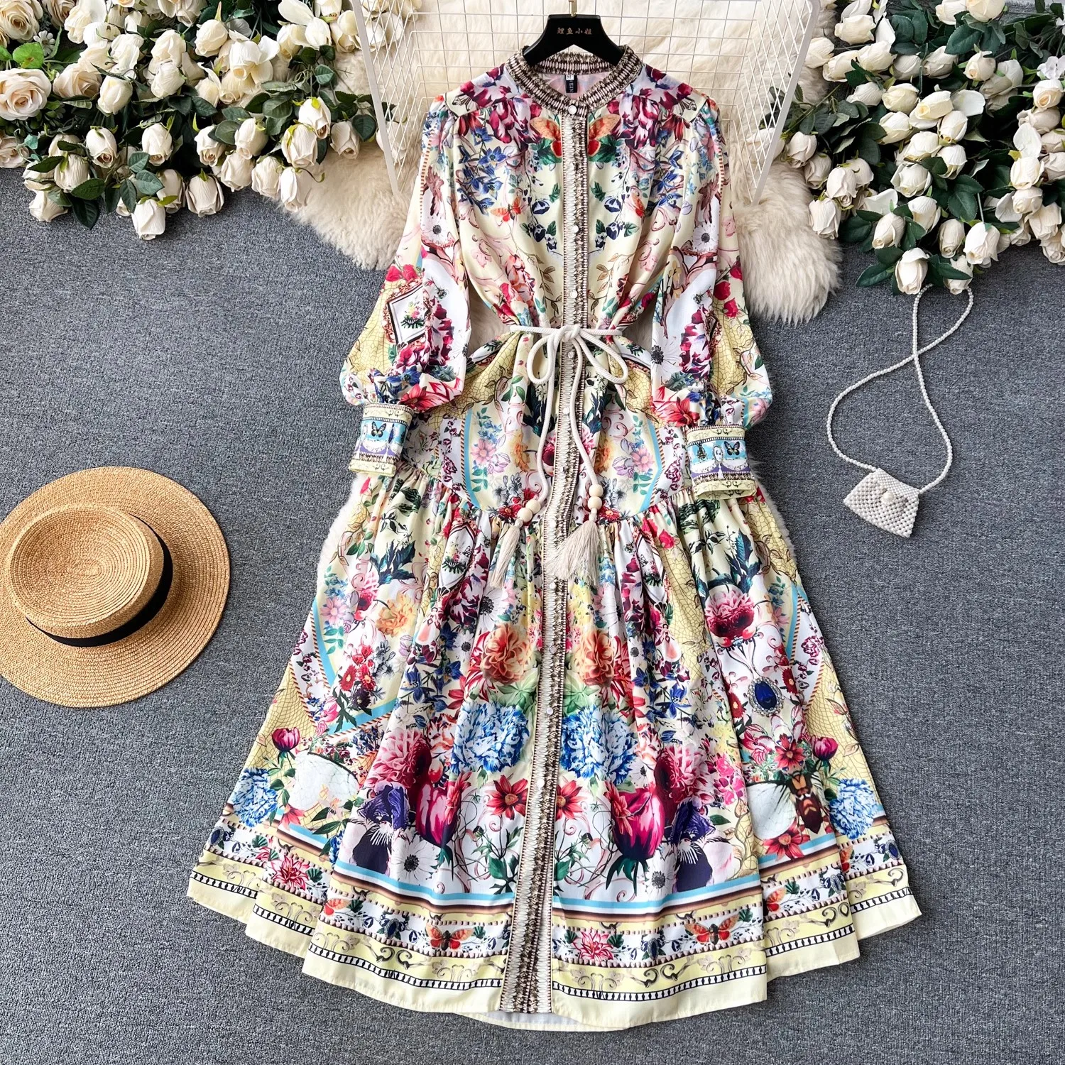 

Autumn Runway Women's Stand Collar Long Lantern Sleeve Flower Print Single Breasted Belt Ruffles Pleated Maxi Vestidos N1206