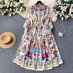 Autumn Runway Women's Stand Collar Long Lantern Sleeve Flower Print Single Breasted Belt Ruffles Pleated Maxi Vestidos N1206