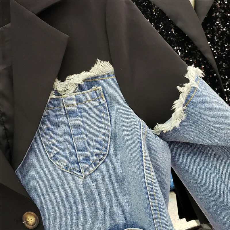 Imagem -05 - Blazer Jeans Irregular Vintage com Retalho Feminino Gola Entalhada Manga Comprida Cabolsa de Terno de Emenda Outwear Feminino Primavera e Outono