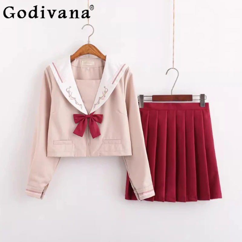 

Spring Autumn Cute Girl Navy Collar College Long Sleeve Shirt Fashion High Waist Age-reducing Japanese Jk Pleated Skirt Sets