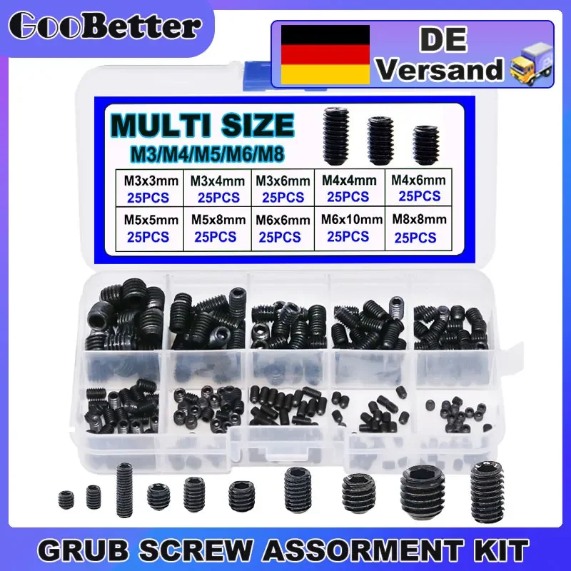 

200/250Pcs Hexagon Hex Socket Set Screws M3 M4 M5 M6 M8 Carbon Steel Cup Point Allen Grub Screw Assortment Kit tornillos