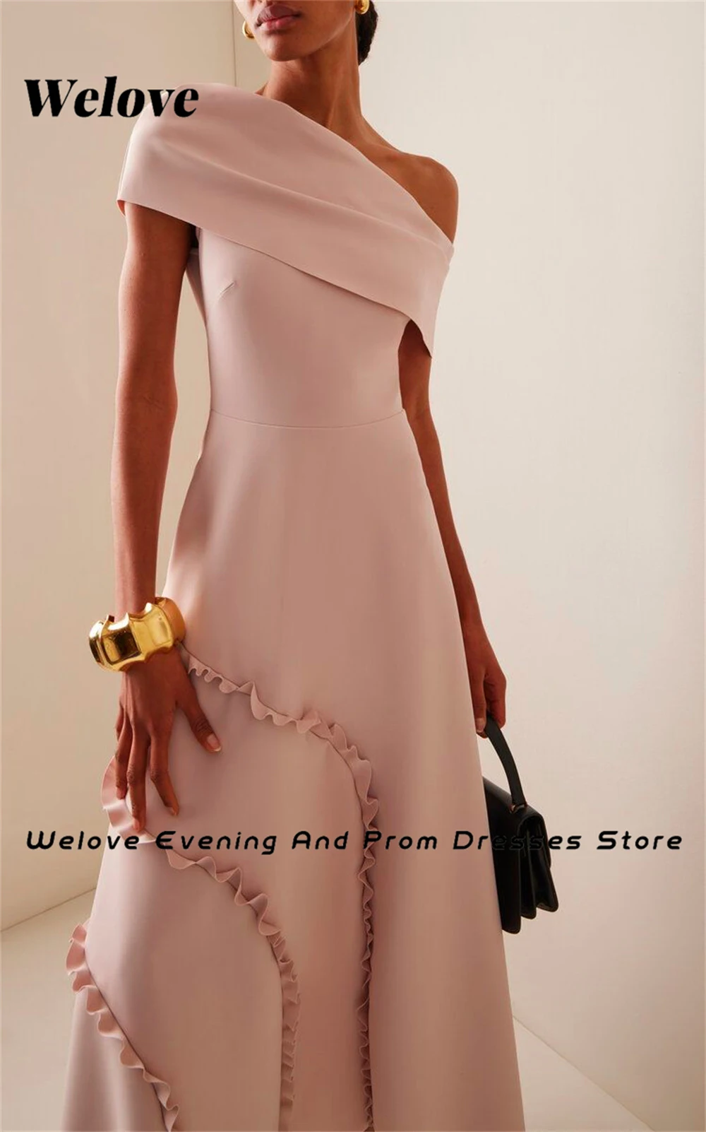 Welove 2024 New Design Off Shoulder Evening Dresses Ruffles Heavy Crepe A-Line Elegant Prom Dresses