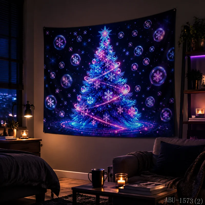VIKAMA Neon Purple Green Floating Island Tree Star Halo Forest Cabin Starry Snow Christmas Tapestry Wall Hanging Bedroom Living