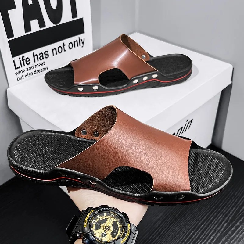 

High Quality Genuine Slippers for Men Breathable Clogs Sandals Classics Leather Slides Outdoor Men's Slippers Designer Shoes Men
