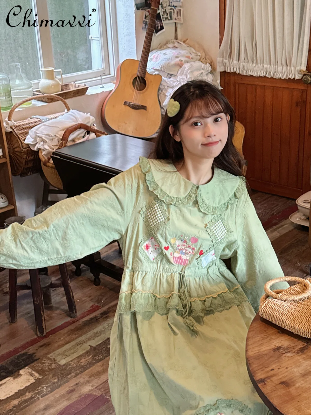 

Autumn Fashion Sweet Girl Light Green Lace Doll Collar Long Sleeve Dress Retro Pastoral Style Loose Elegant Women's Long Dress