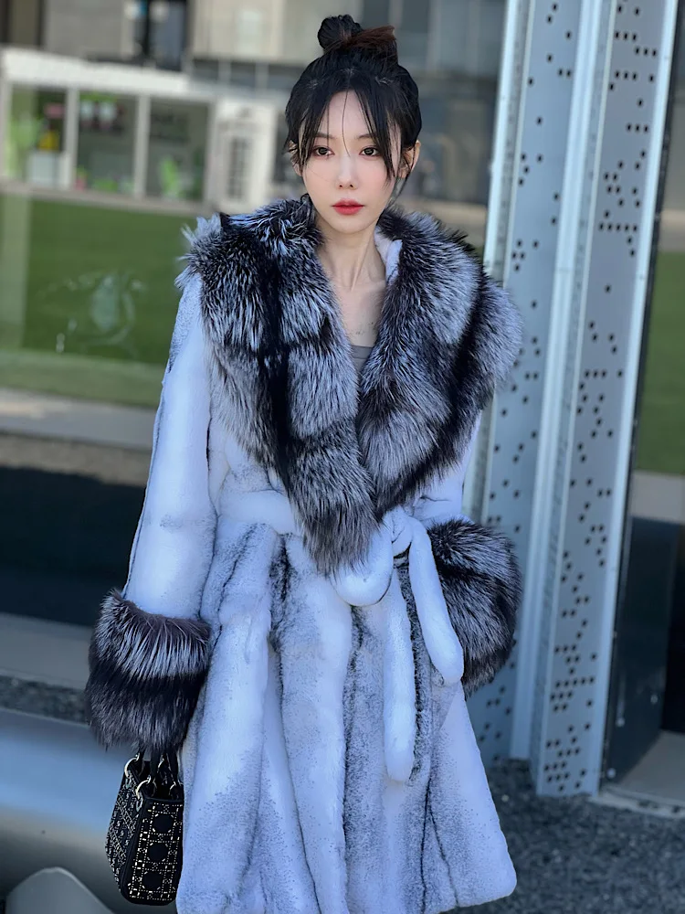 FURYOUME Long Natural Rabbit Fur Coat for Women Large Real Silver Fox Fur Collar Sleeve Cuffs Fashion Streetwear Winter