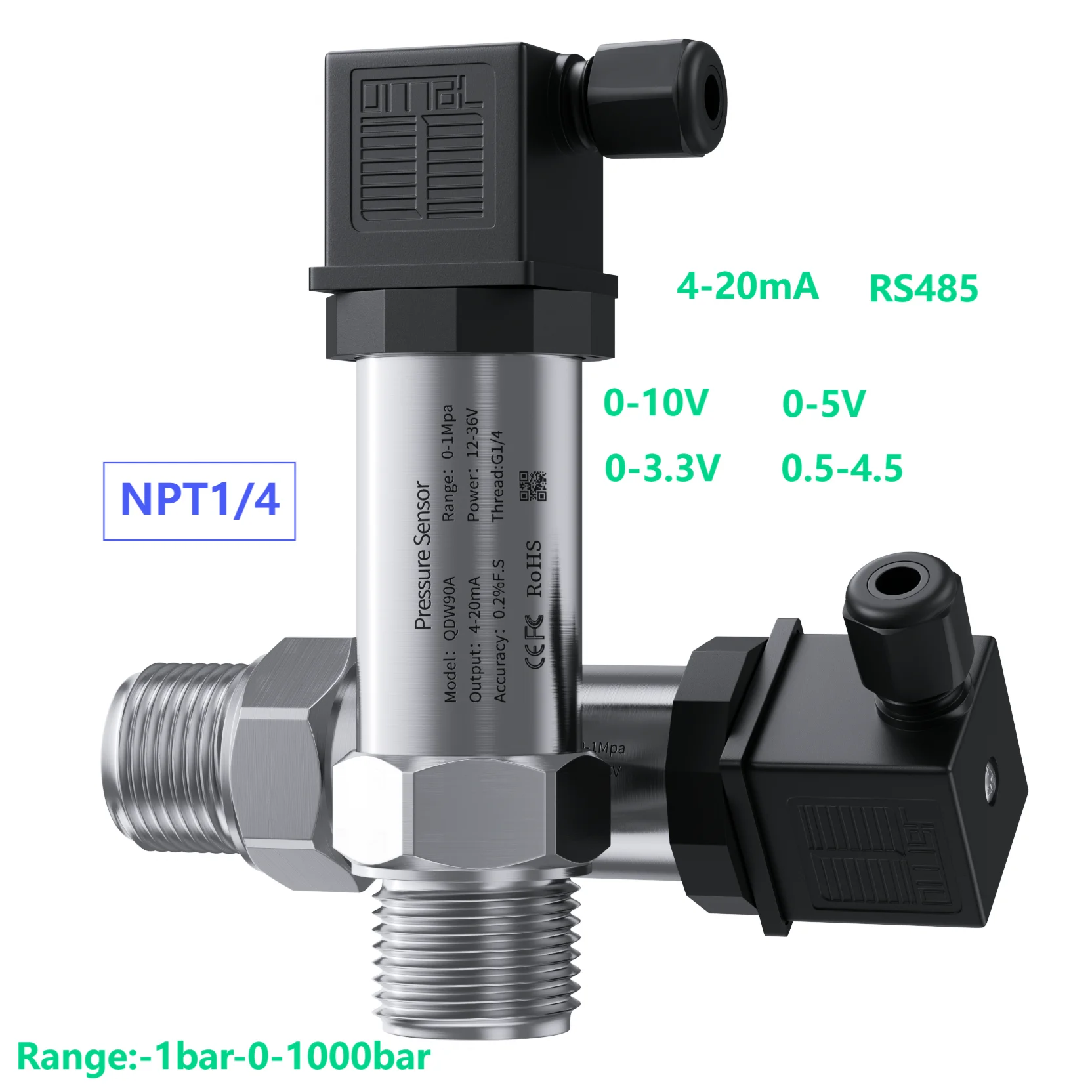 NPT1/4 Pressure Sensor Transmitter Hersman  0-800bar 100bar -1bar 1bar Smart Hydraulic Pressure Transducer Gauge 4 20ma 0-5V