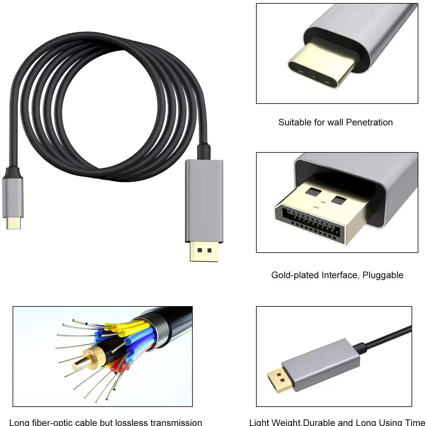 Cable de 2M USB C a DP 1,4 32,4 Gbps 4K @ 240Hz 8K @ 60Hz tipo C a DisplayPort, 15 Thunderbolt3 Compatible con iPhone, Monitor de ordenador portátil