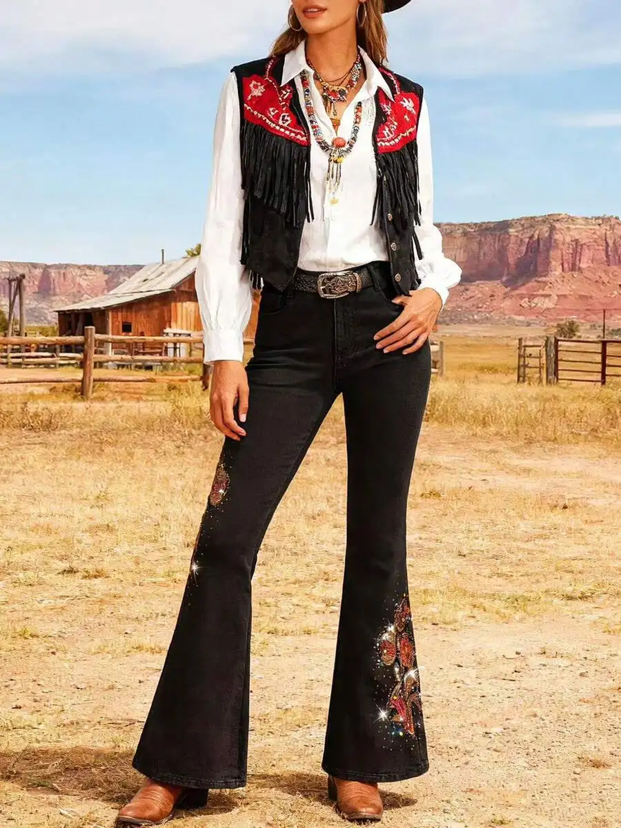 

Black Denim Flare Jeans For Women With Beaded Floral Embroidery Casual Medium Stretch