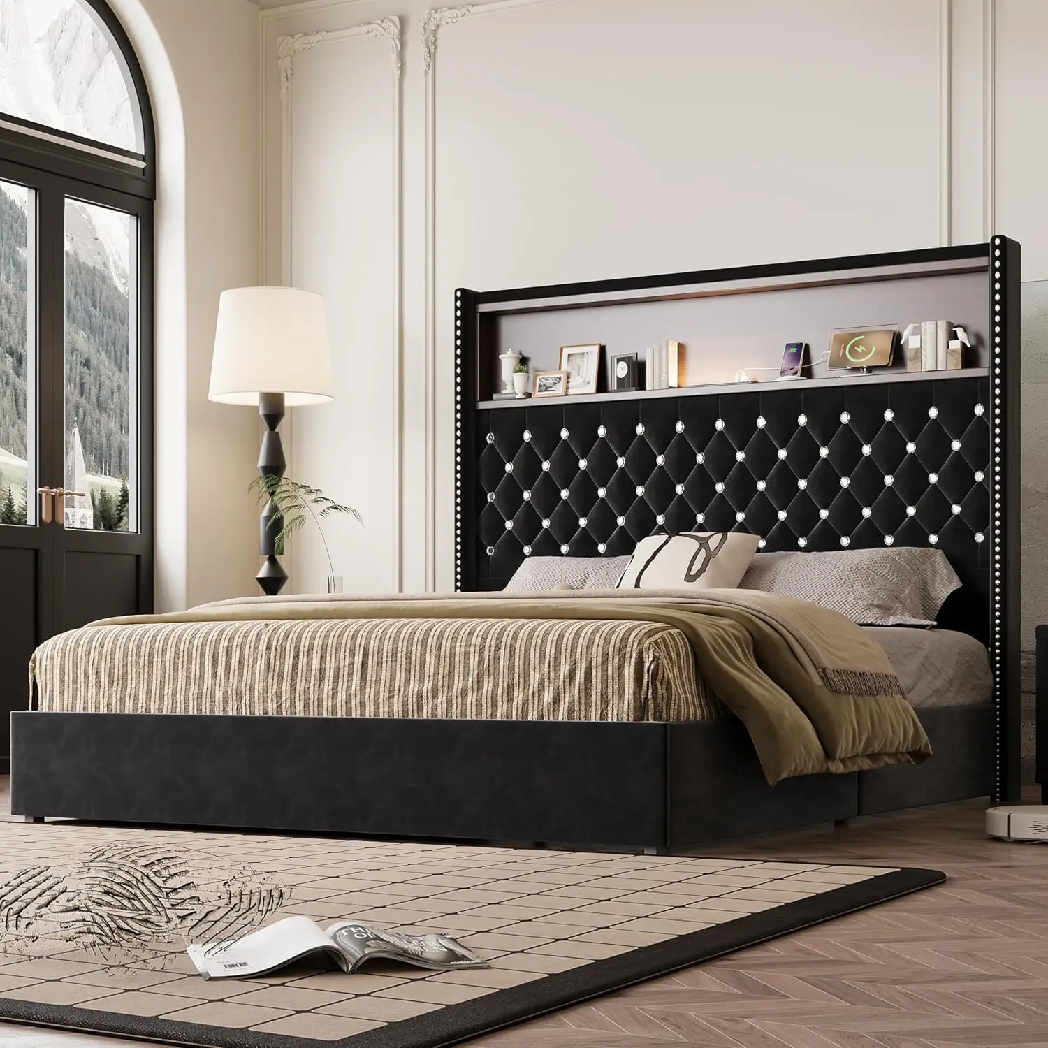 Queen Velvet Platform Bed with USB & Light, 52