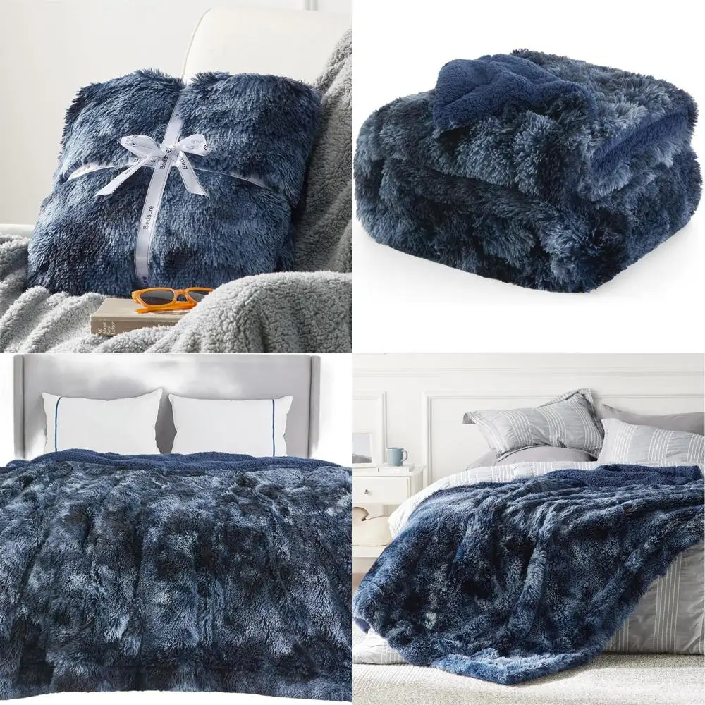

Navy Blue King Size Tie Dye Sherpa Fleece Blanket, Plush Warm Winter Bedding, 108x90 Cozy Gift