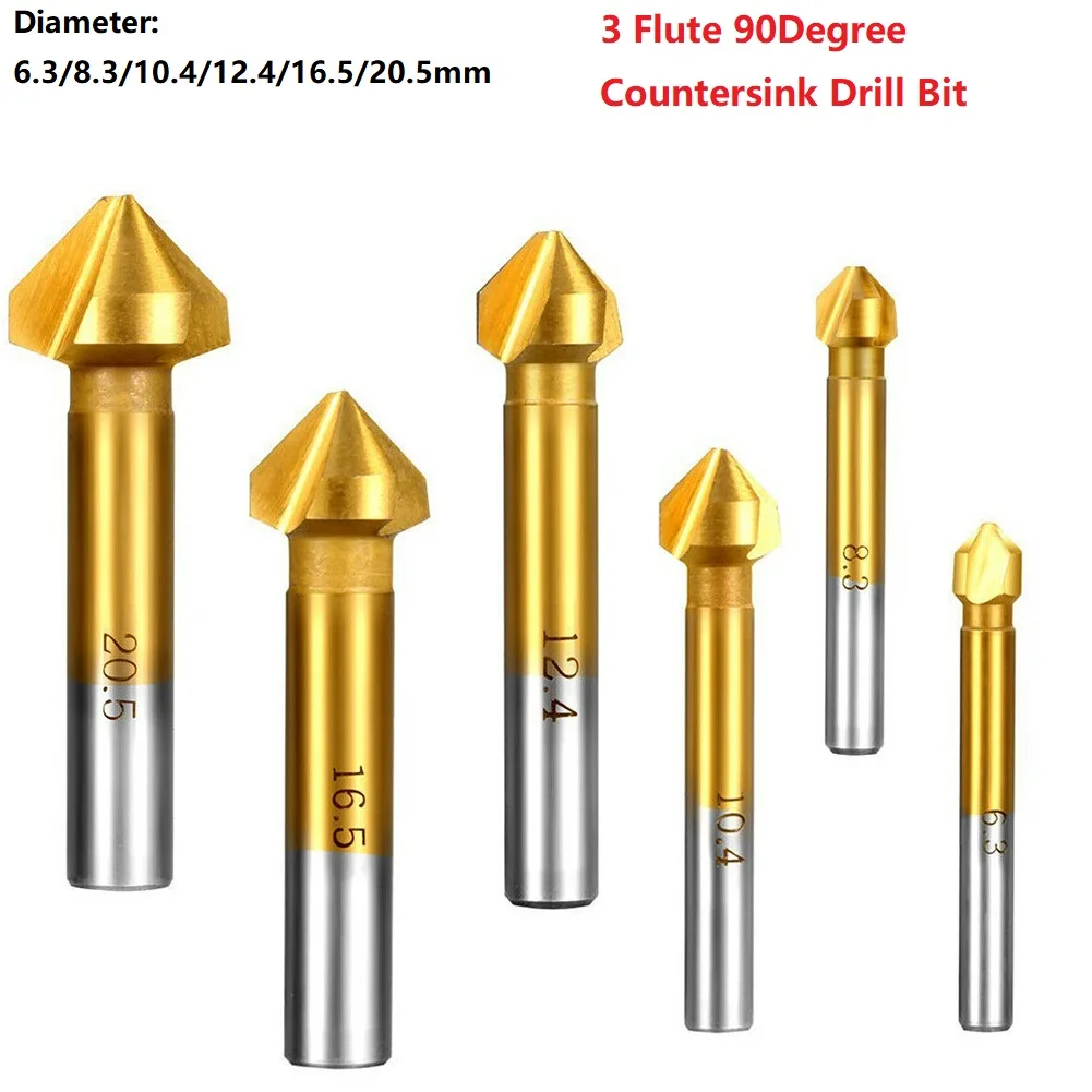 

3 Flute Countersink Drill Bit For High Speed Chamfering 90 Degree Titanium Plating 6 Sizes Available Gold Color