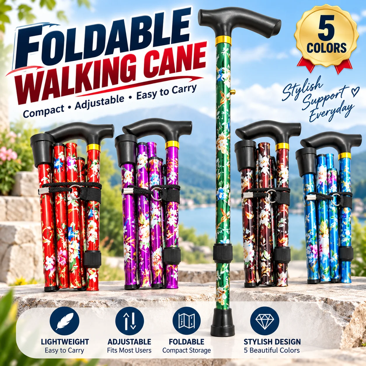 Folding Cane, Portable 5-Level Adjustable Height Walking Stick with Foldable Design, Wrist Strap, and T Handle for Men and Wome
