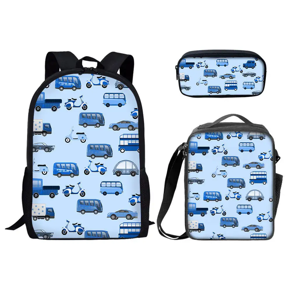 Carros de desenhos animados Mochila Padrão para Crianças, Mochilas escolares Conjuntos para Meninos, Mochila Casual, Presentes de Volta às Aulas, Saco de livro, 3Pcs