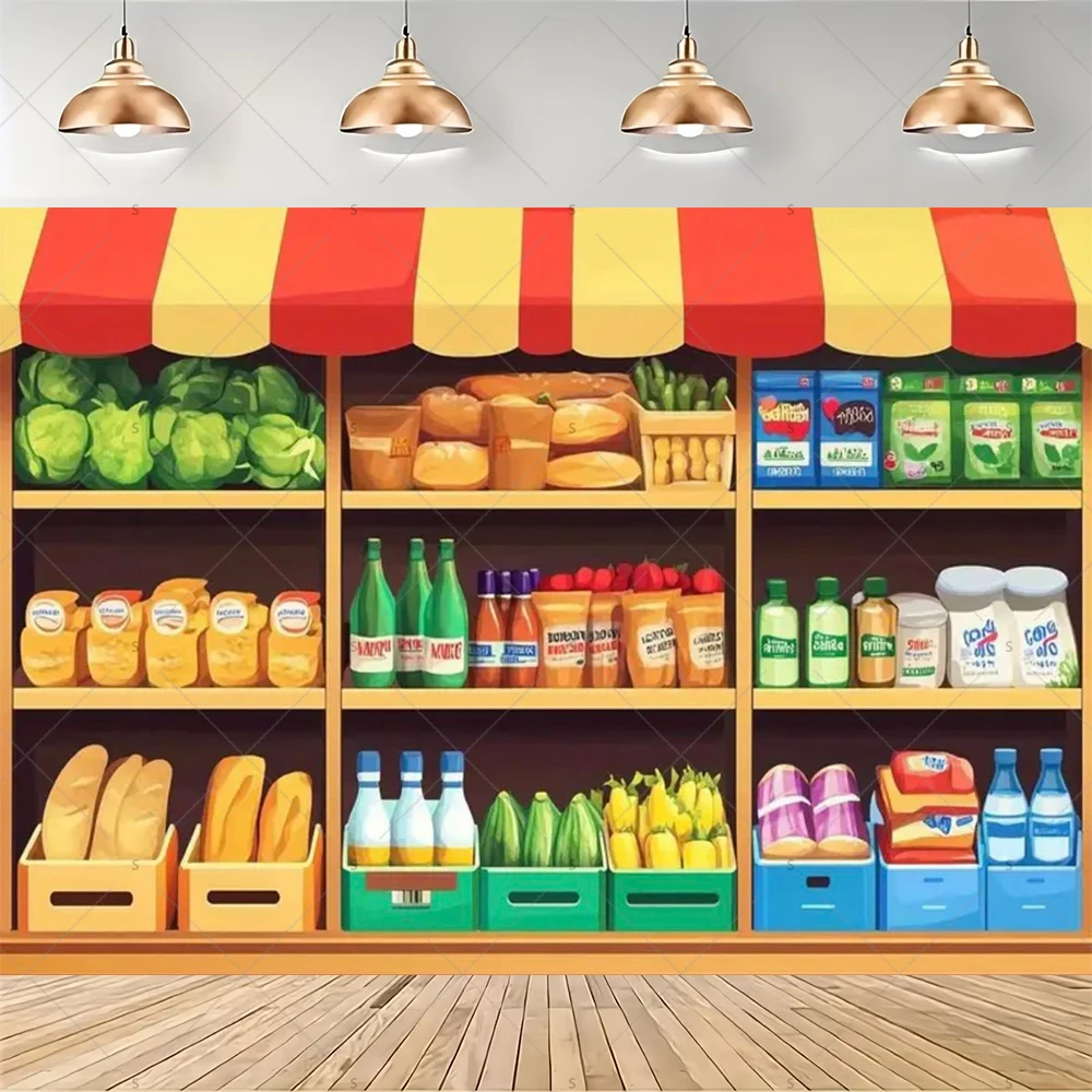 カラフルなスーパーマーケットの棚の背景、新鮮な果物や野菜、食 - Party Event Supply Store のレビューと価格