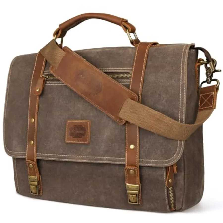 

Laptop Messenger bag for Mens 15.6 Inch Waterproof Vintage Genuine Leather Mens Briefcase shoulder bag 16 Storage Pockets Waxed