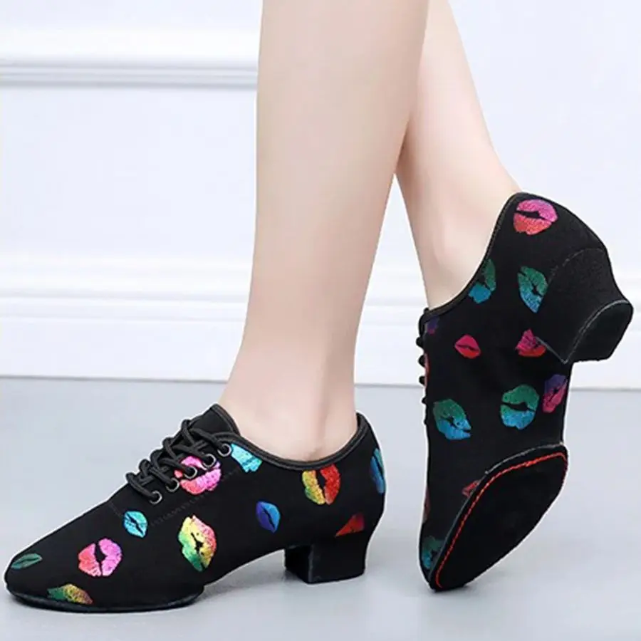 

Women Latin Dance Shoes Jazz Ballroom Salsa Dancing Shoes 5cm High Heels Training Modern Tango Color Lips Female Dance Sneakers