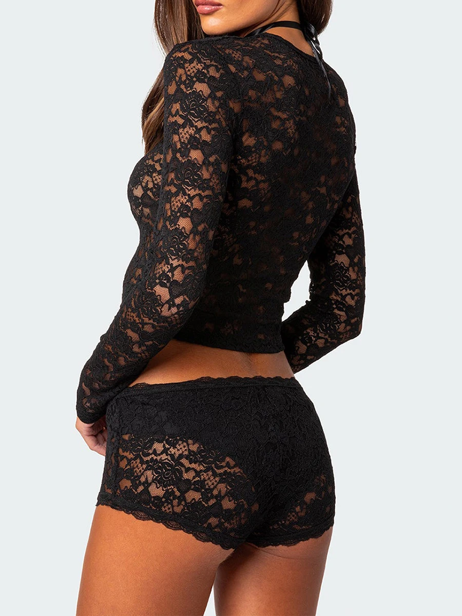 Women 2 Piece Lace Outfit Summer Sheer Floral Lace Crop Long Sleeve Tops and Elastic Waist Shorts for Club Streetwear Trendy Y2K