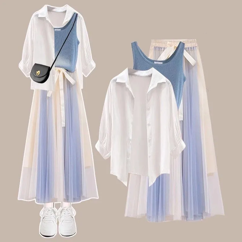 

Women's 2026 Spring/Summer New Fashion Dress Matching Set Korean Elegant White Sunscreen Shirt+Vest+Mesh Midi Skirt 3-Piece Suit