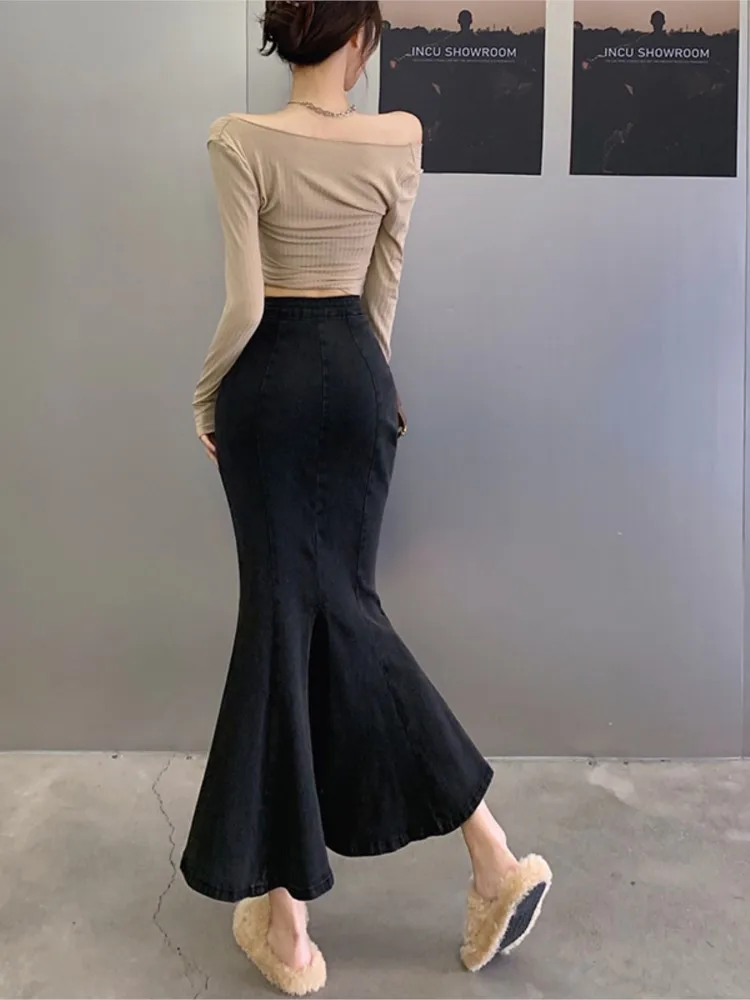 Denim Spring Summer Long Fishtail Skirts Women Elastic Bodycon Fashion Sexy High Waist Ladies Skirts Ruffle Pleated Woman Skirts