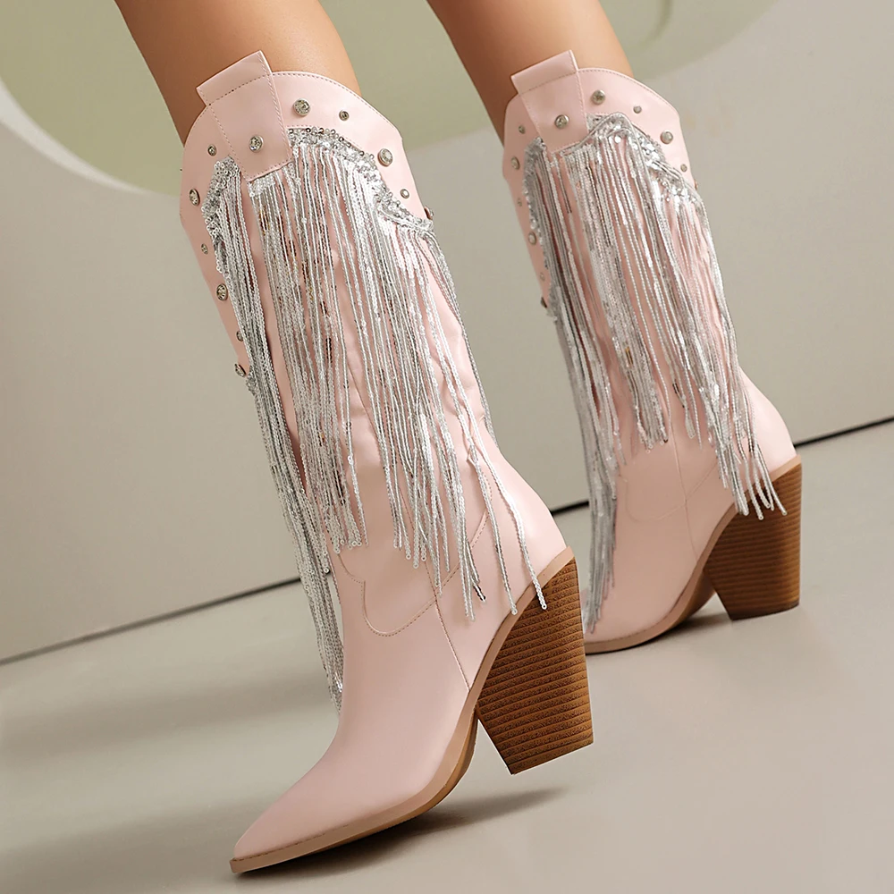 Shiny Fringe Women Western Boots Slip On Mid Calf Chunky Block Heels Shoes Sexy Elegant Party Nightclub Luxury Stage Boots