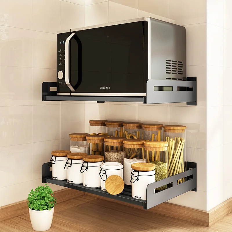 

Stainless Steel Punch-free Kitchen Microwave Rack Household Wall-mounted Oven Wall Bracket Storage