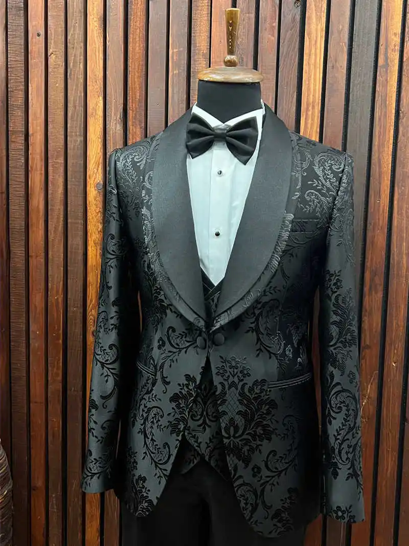 クラシックな結婚式の男性スーツビジネスウェアオーダーメイドジャカードタキシード 3 個コートベストパンツパーティー歌手新郎スーツカスタマイズ