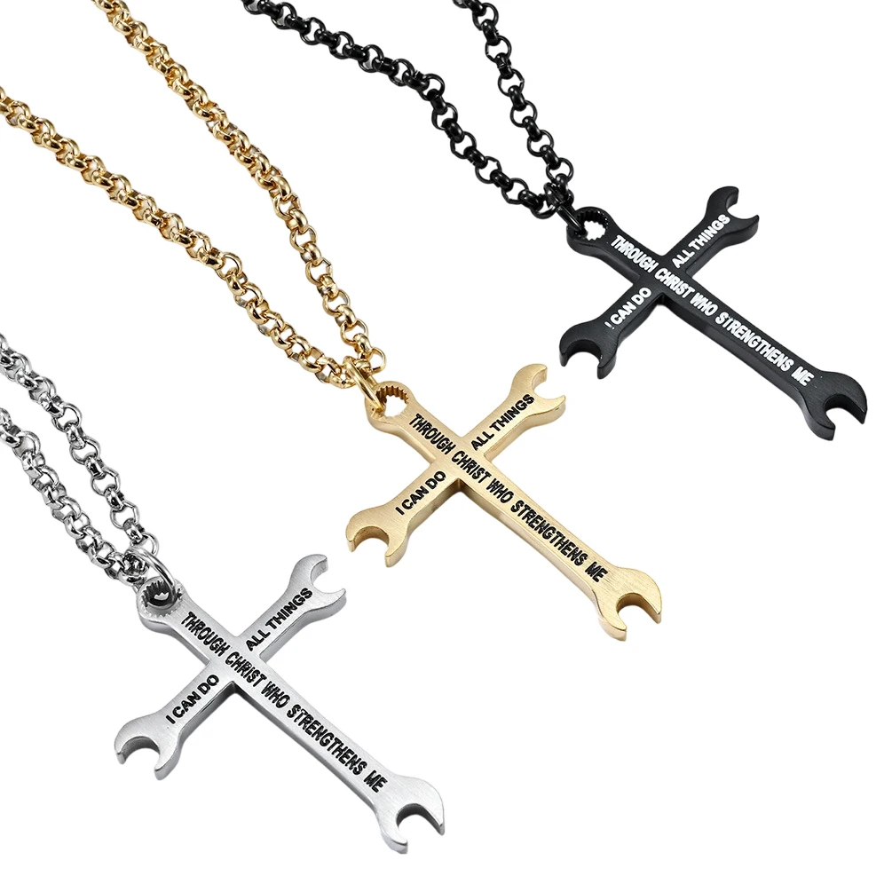 Fashion Personalized Stainless Steel Wrench Cross Necklace Trendsetter Hip Hop Style Pendant Necklace Jewelry Accessory for Male