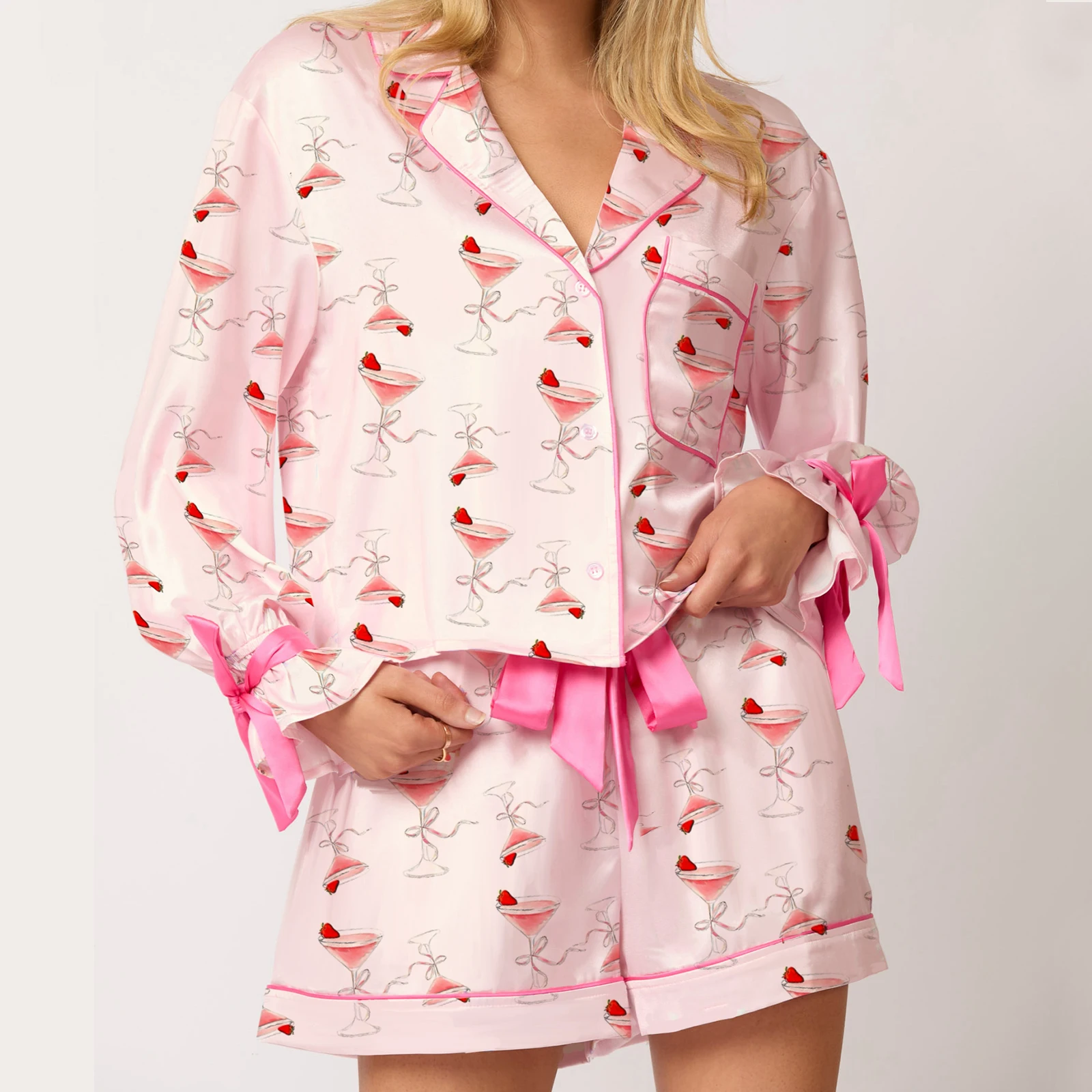HEZIOWYUN Women 2Pieces Bow Print Pajamas Set Lace-up Long Sleeve Lapel Button Up Pocket Shirt Tops with Shorts Sleep Loungewear