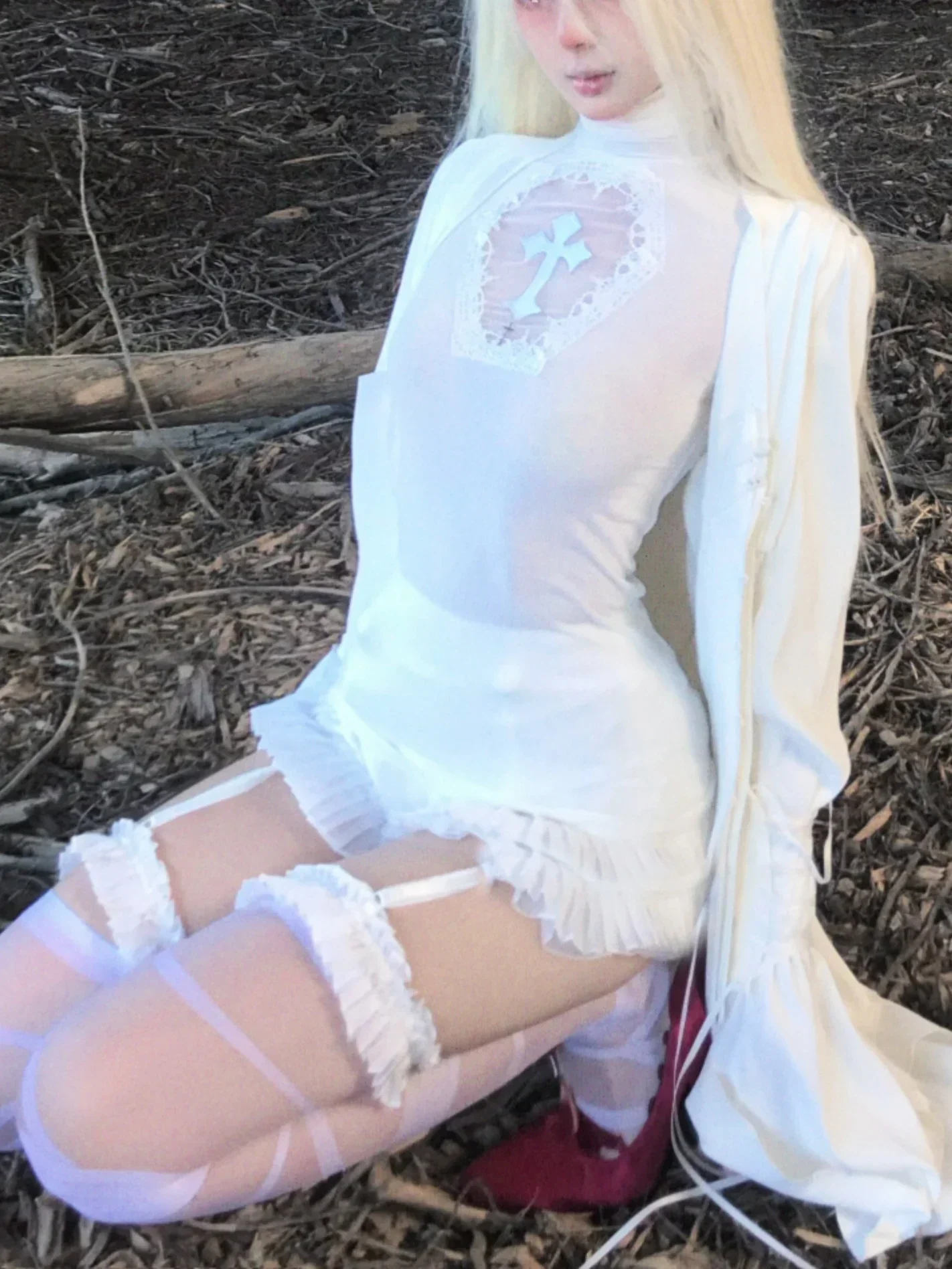 IMU White Gothic Cross Hollow Out Transparent Slim Tshirt Women Turtleneck High Stretchy Basic Tops Gothic Halloween Tee Shirt