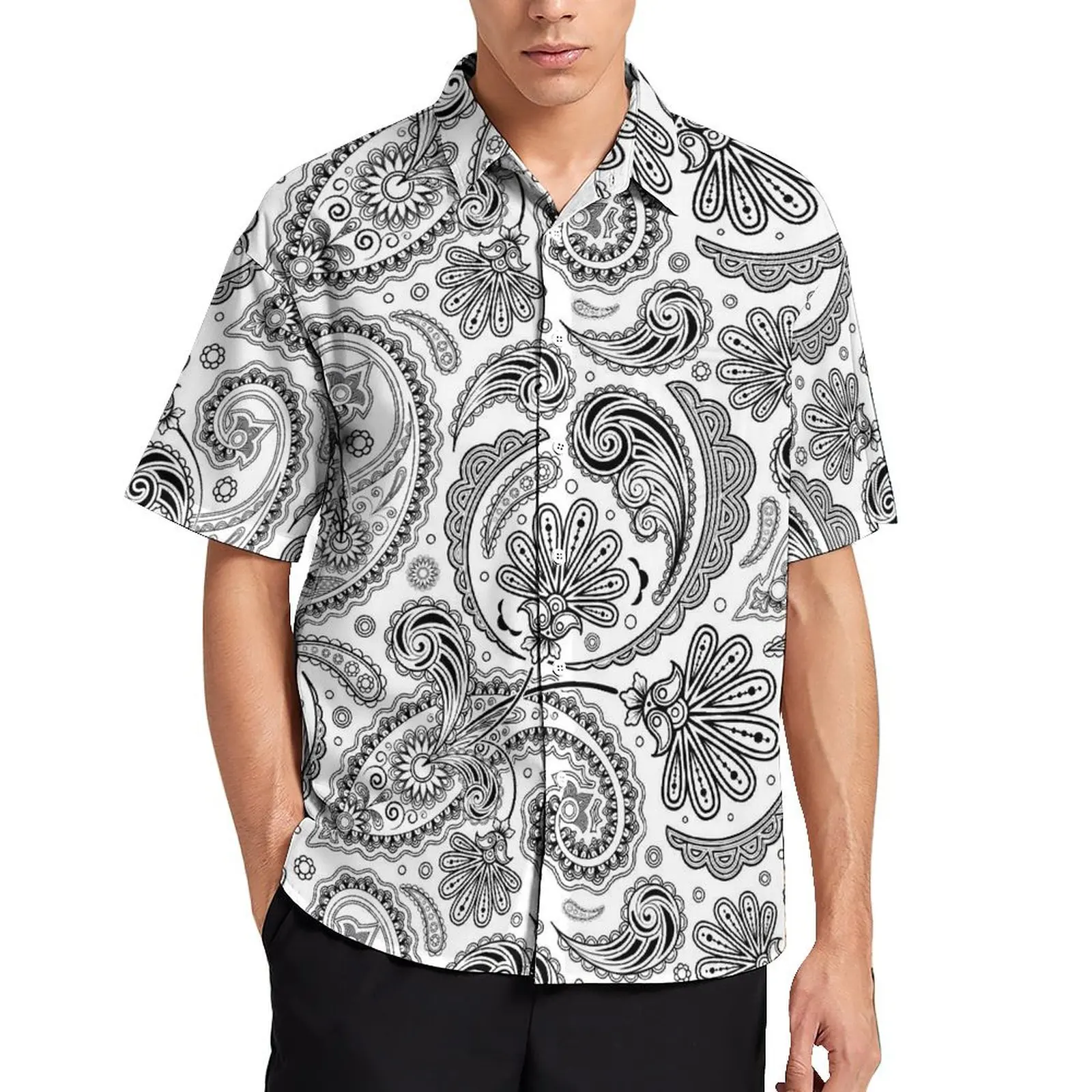 

Vintage Paisley Beach Shirt Black And White Summer Casual Shirts Men Novelty Blouses Short Sleeves Harajuku Pattern Top