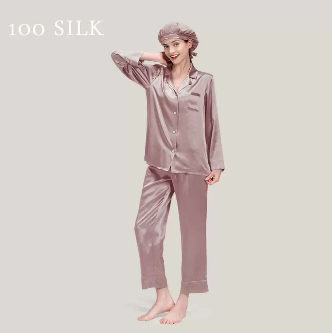 Silk | 3pc high-end silk pajamas 100% mulberry silk long-sleeve long pants set women's autumn and winter large size silk home cl