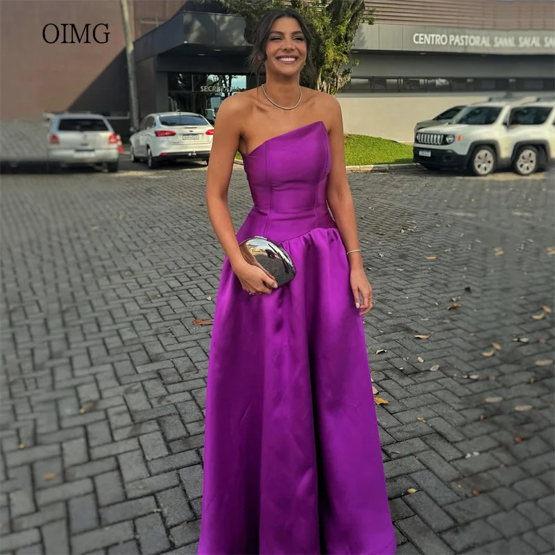 

OIMG Purple Satin Strapless A Line Prom Gowns Backless Party Gown Floor Length Evening Dress vestidos de gala Customized