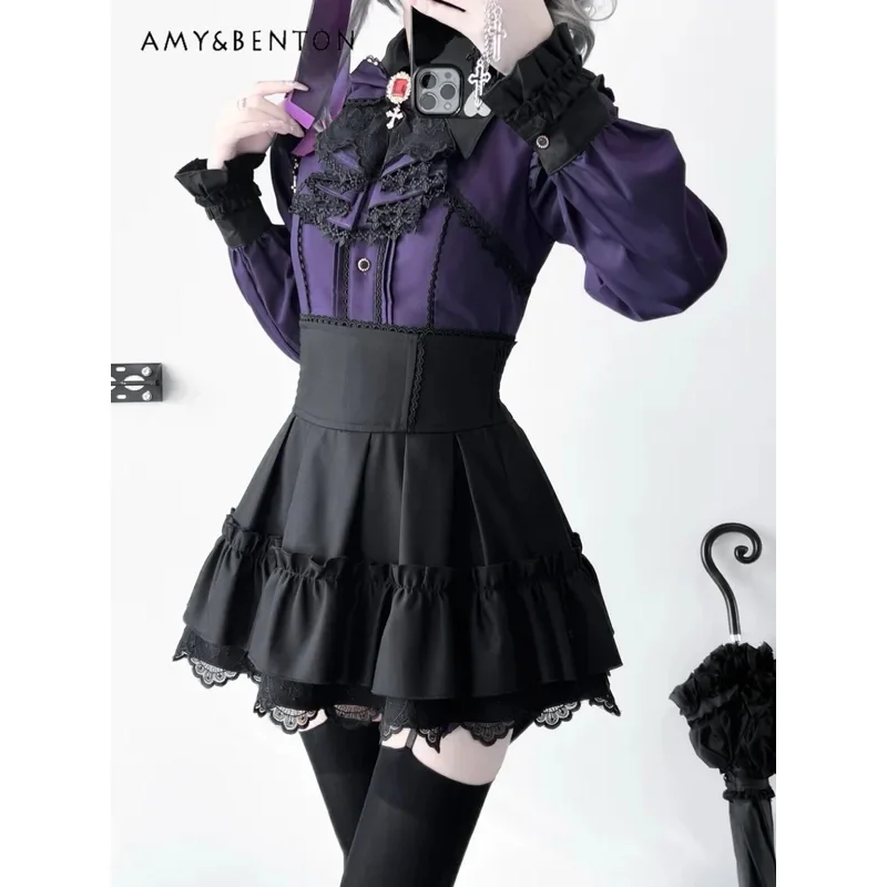 

25COSSubculture, готический воротник летучей мыши, наряды с длинными рукавами, японская серия Mine, рубашка в стиле панк, нерегулярная юбка, комплект из двух предметов для женщин