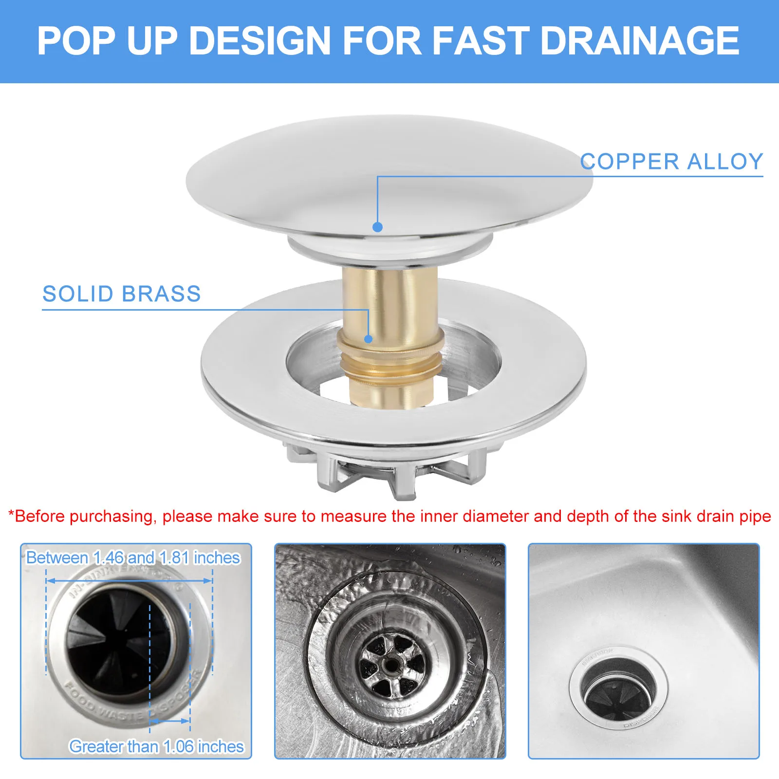 Bathtub Drain Filter Pop Up Sink Drain Stainless Steel Washbasin Plug and Cover Anti-Clogging Stopper Tub Kitchen Sink Strainer