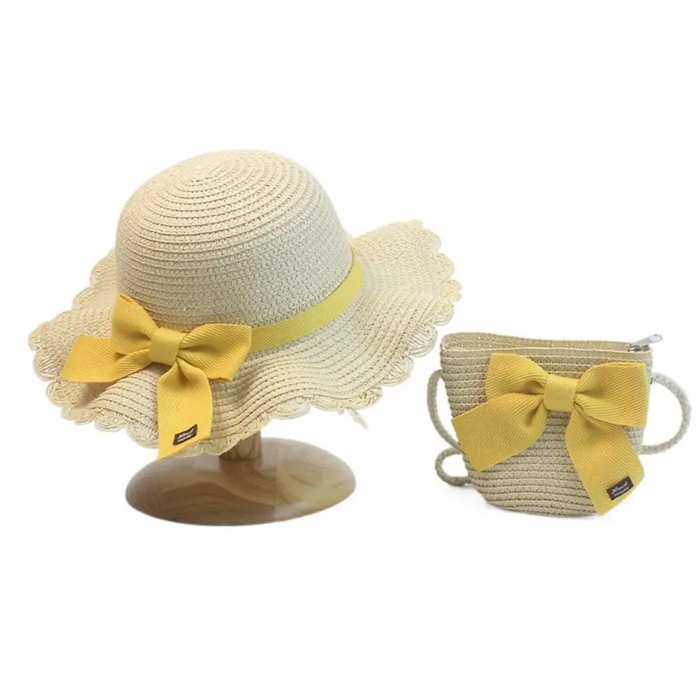 Children Straw Hat and Shoulder Bag Girls Summer Outdoor Beach Cap Cute Bow Travel Beach Sun Hat Crossbody Bag