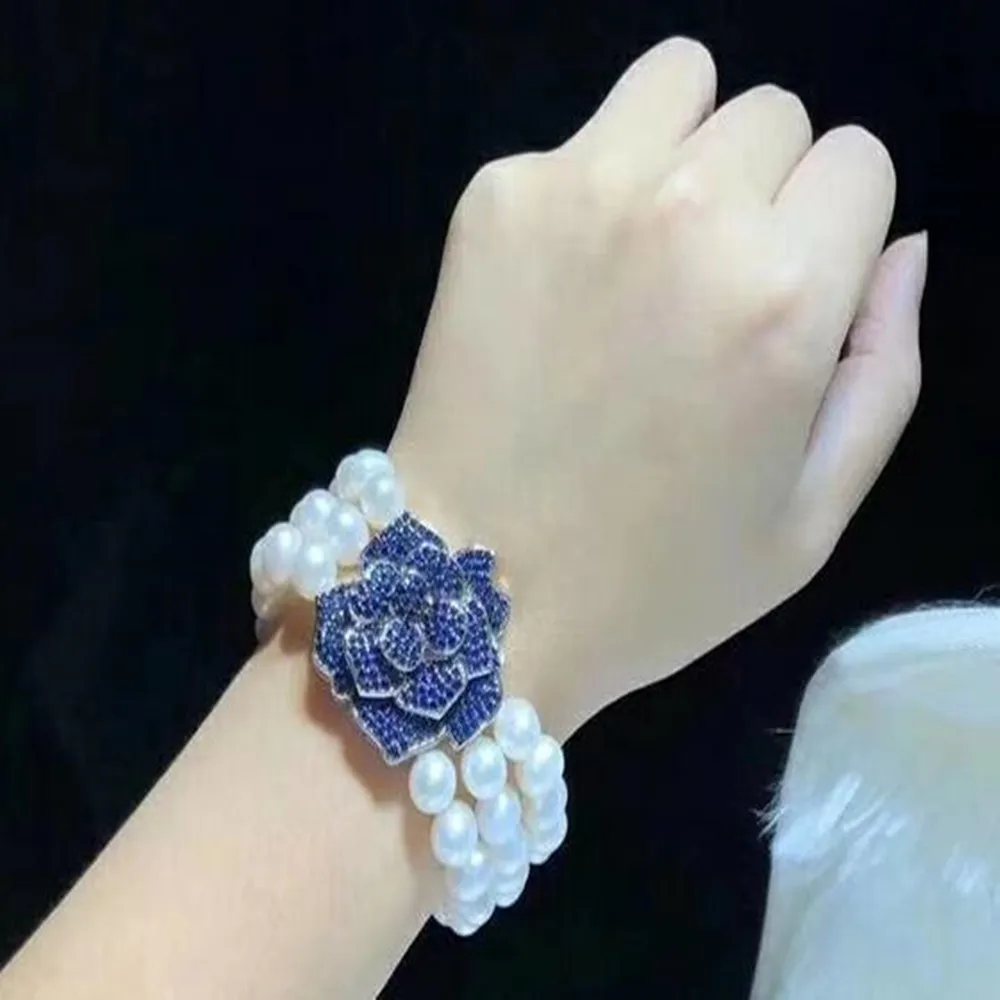 Hand knotted 3 row 8-9mm white freshwater pearl bracelet micro inlay zircon flower accessories clasp 20cm