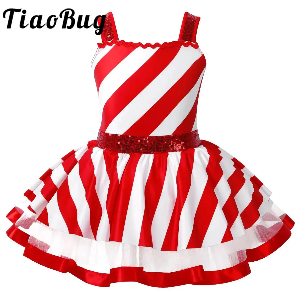 Kids Girls Candy Cane Mrs Santa Claus Costume Shiny Sequins Christmas Dance Figure Ice Skating Tutu Dress Leotard Dancewear